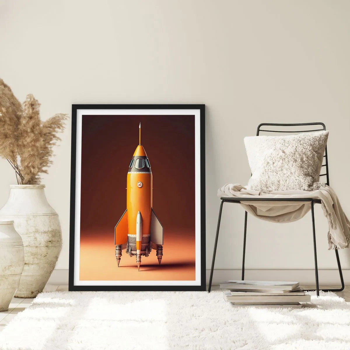 Plagát v čiernom ráme - Moderná vesmírna raketa na pozadí teplých farieb. - 50x70cm - Začína to snom - Moderná nástenná dekorácia do obývacej izby a spálne ARTTOR