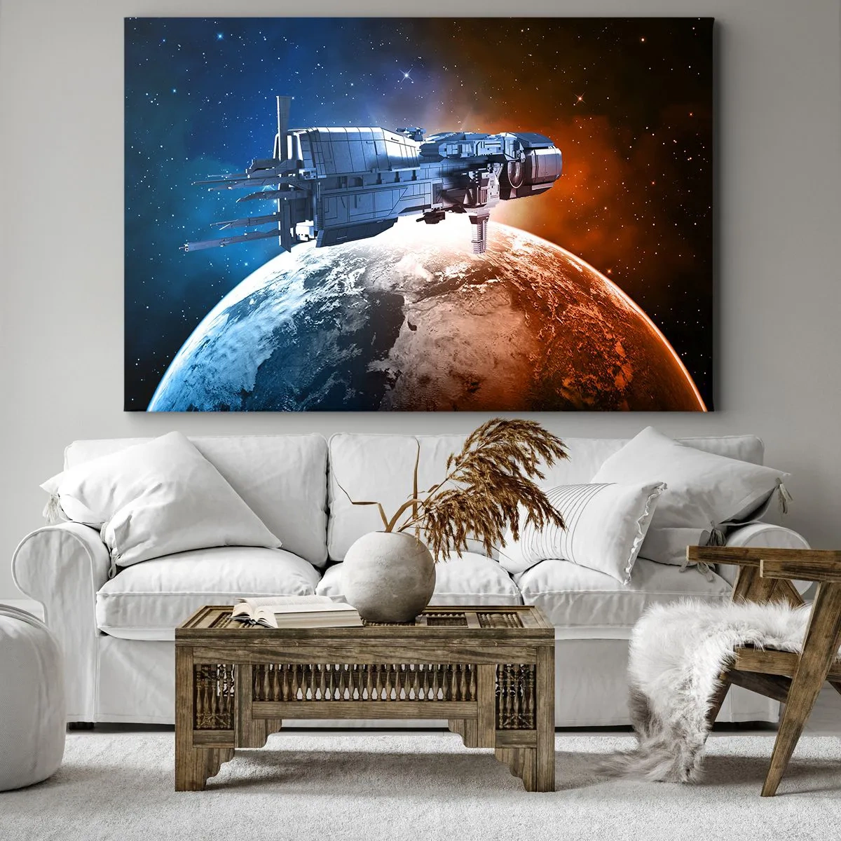Obraz na plátne - Vesmírna loď na pozadí planéty vo vesmíre - 70x50cm - Pozorný pozorovateľ - Moderná nástenná dekorácia do obývacej izby a spálne ARTTOR