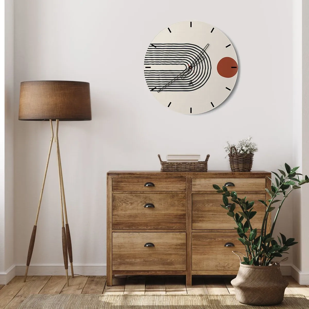 Nástenné hodiny - Geometrická abstrakcia s pruhmi a farebnými blokmi na svetlom pozadí - 30x30cm - Magnetizmus tvarov a farieb - Moderná nástenná dekorácia do obývacej izby, kuchyne a spálne ARTTOR