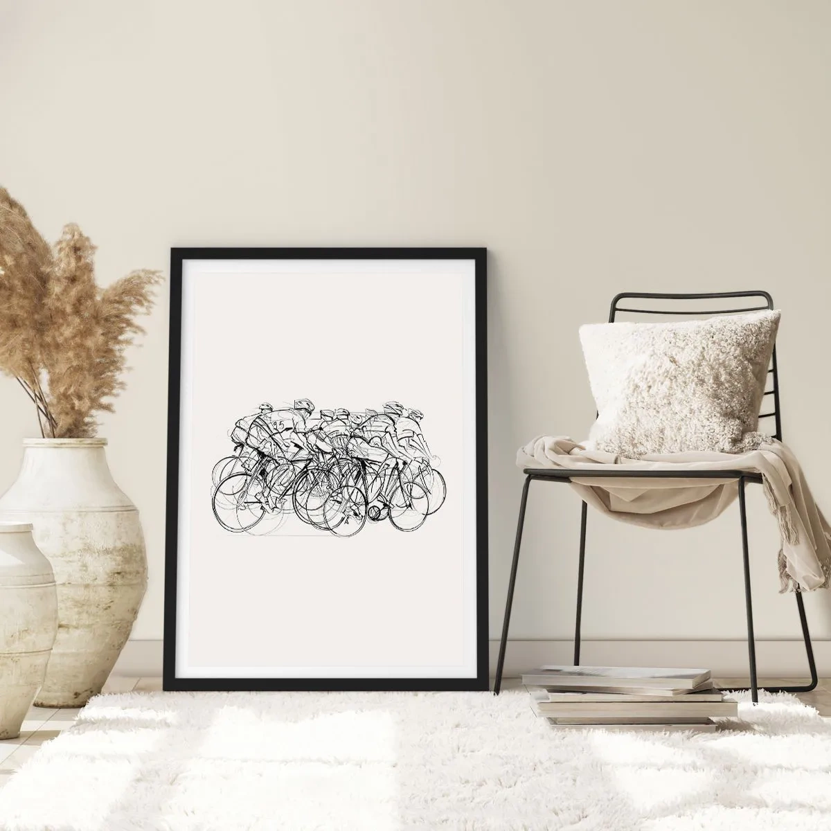 Plagát v čiernom ráme - Náčrt cyklistov pretekajúcich na minimalistickom pozadí - 50x70cm - Spoločne v tíme - Moderná nástenná dekorácia do obývacej izby a spálne ARTTOR