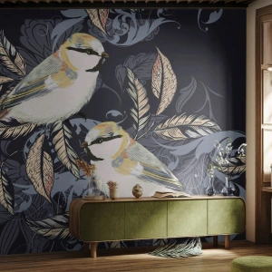 Fototapeta Standard Eco - Ilustrácia vtákov na tmavom pozadí s ornamentami - 100x70cm - Žltomodrá pieseň - Moderná nástenná dekorácia do obývacej izby a spálne ARTTOR