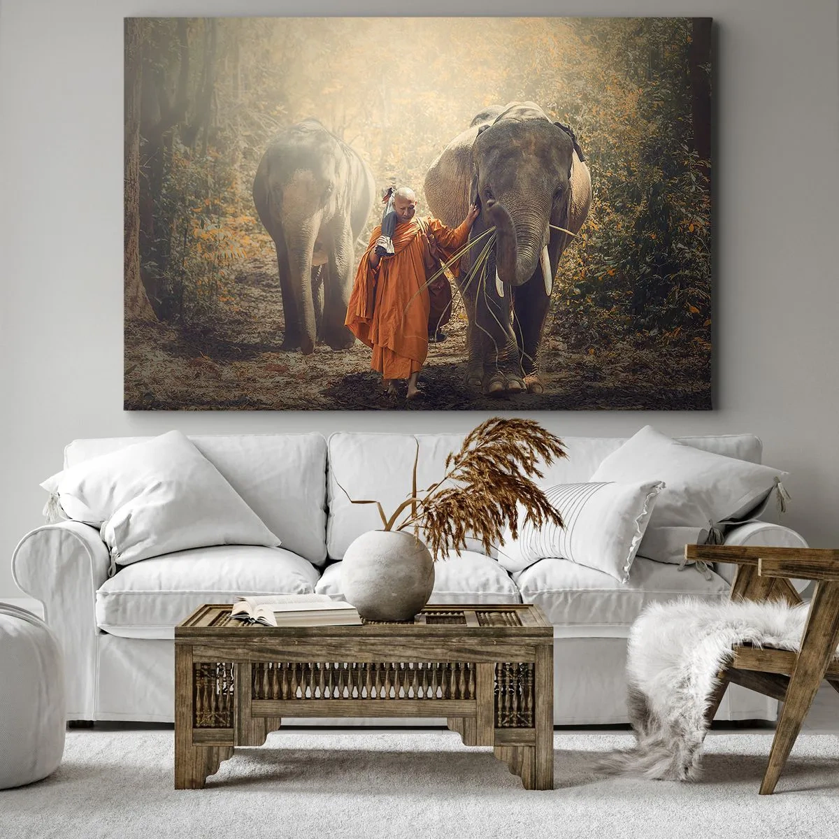 Obraz na plátne - Mních v oranžovom rúchu vedie slona v lese. - 70x50cm - Plné pochopenie - Moderná nástenná dekorácia do obývacej izby a spálne ARTTOR