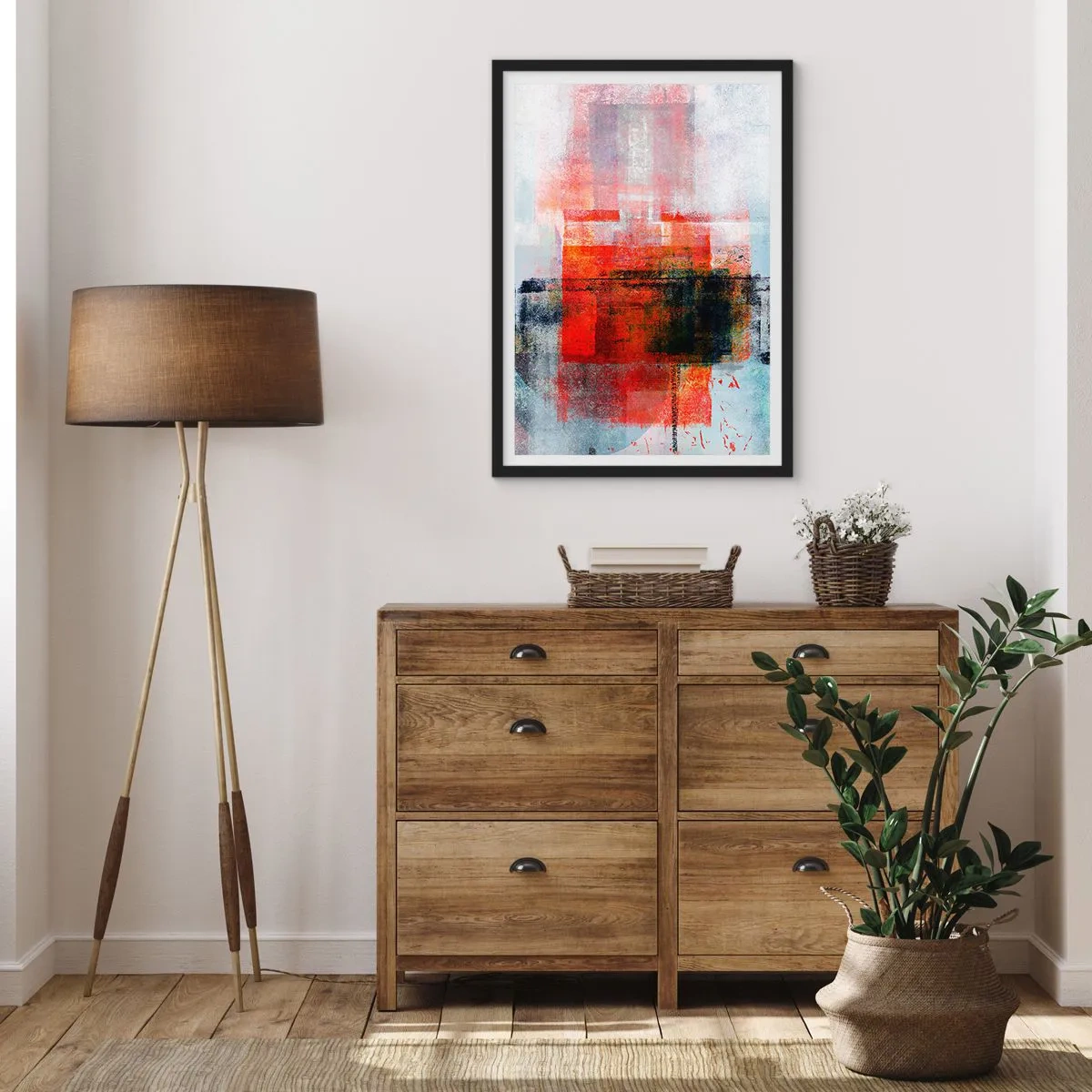 Plagát v čiernom ráme - Geometrická abstrakcia v intenzívnych odtieňoch červenej - 50x70cm - Žiariaca kompozícia - Moderná nástenná dekorácia do obývacej izby a spálne ARTTOR