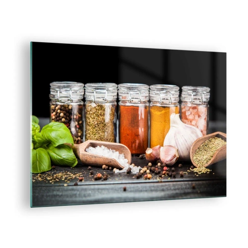 Obraz na skle - Farebné korenie v pohároch na tmavom pozadí - 70x50cm - Aby mal život chuť - Moderná nástenná dekorácia do obývacej izby a spálne ARTTOR