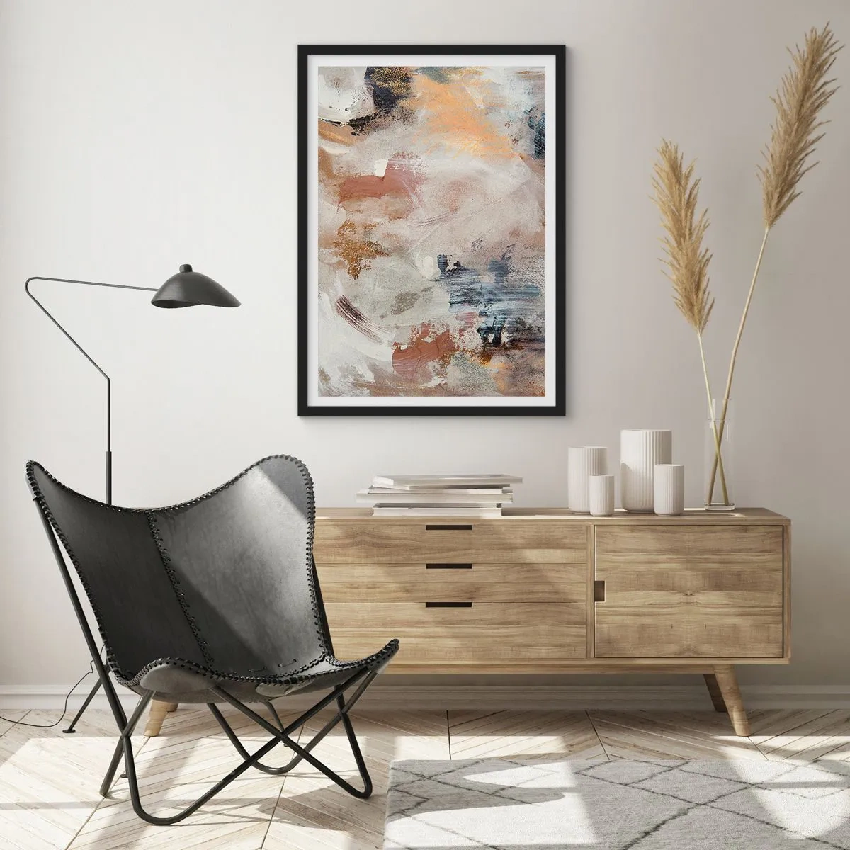 Plagát v čiernom ráme - Abstraktná kompozícia v teplých, zemitých farbách. - 50x70cm - Hmlistá abstrakcia - Moderná nástenná dekorácia do obývacej izby a spálne ARTTOR