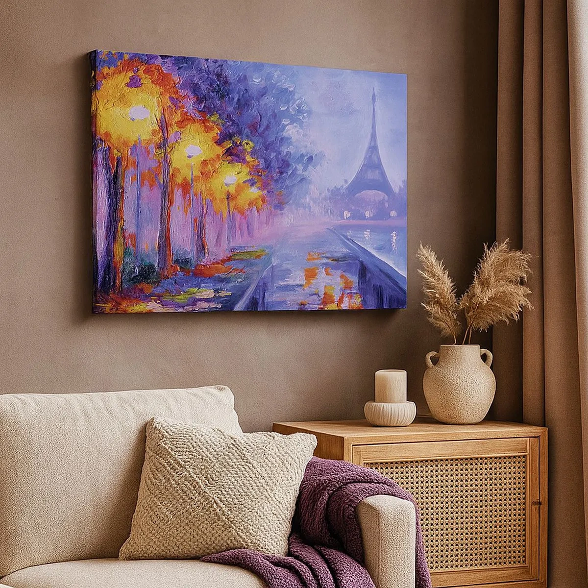 Obraz na plátne - Parížska ulica s lampami a Eiffelovou vežou v pozadí - 70x50cm - Prechádzka snov - Moderná nástenná dekorácia do obývacej izby a spálne ARTTOR