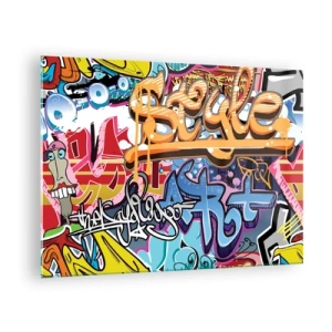 Obraz na skle - Farebné graffiti s dynamickými nápismi a kresbami - 70x50cm - Nástenné maľby, nástenné maľby… - Moderná nástenná dekorácia do obývacej izby a spálne ARTTOR