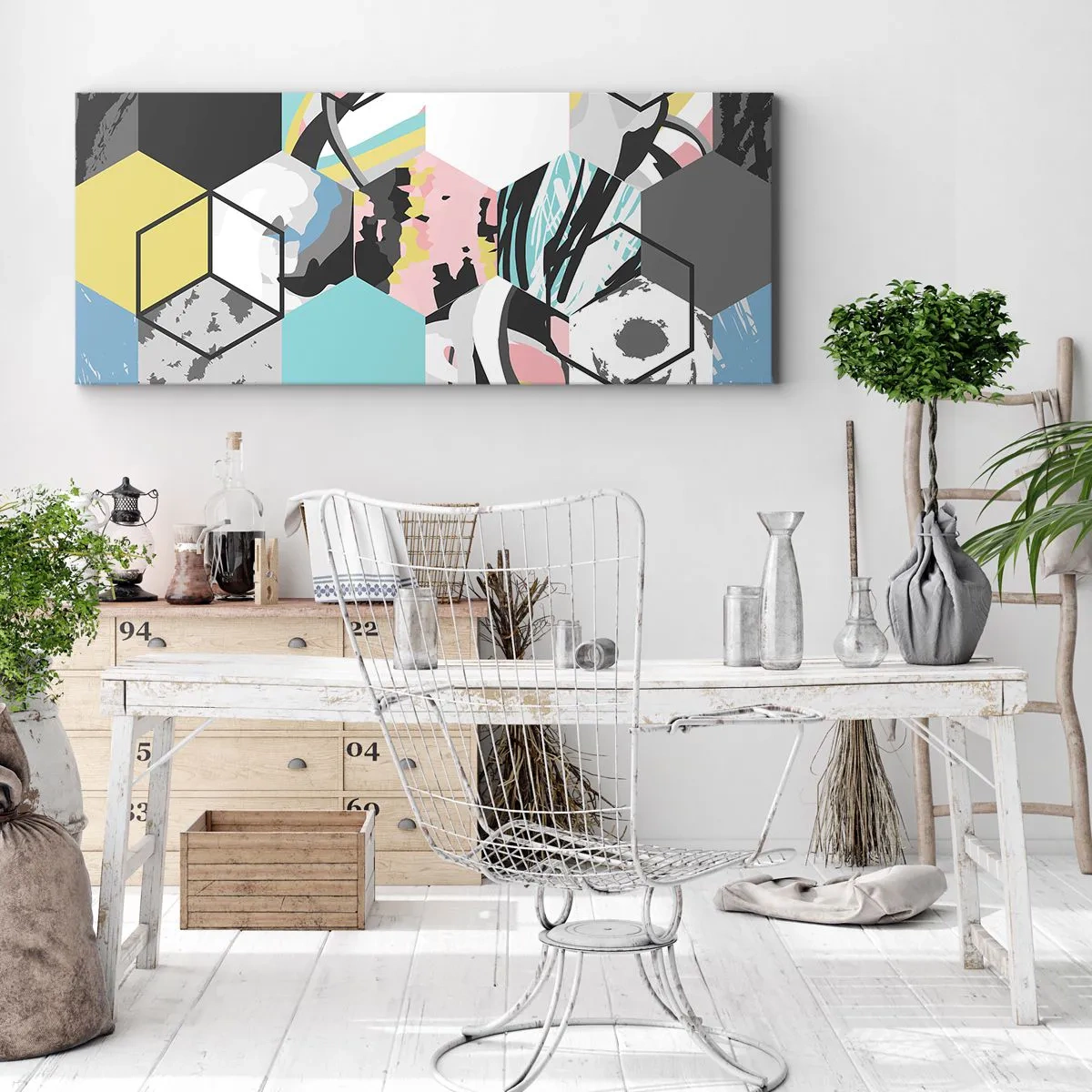 Obraz na plátne - Šesťuholníky a kocky v šiestich farbách - 100x40 cm