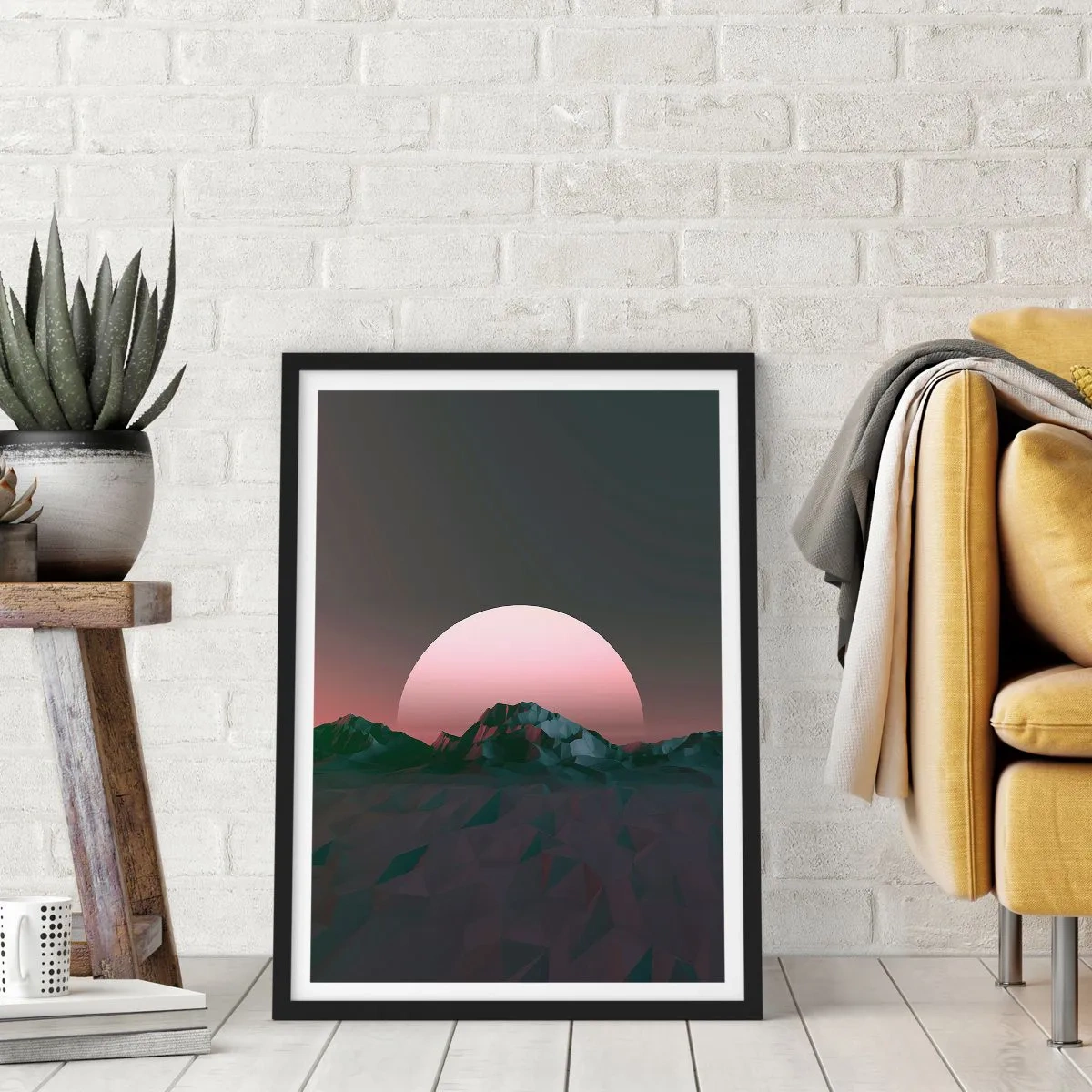 Plagát v čiernom ráme - Fantasy krajina s ružovým mesiacom a horami - 50x70cm - V susednej galaxii - Moderná nástenná dekorácia do obývacej izby a spálne ARTTOR