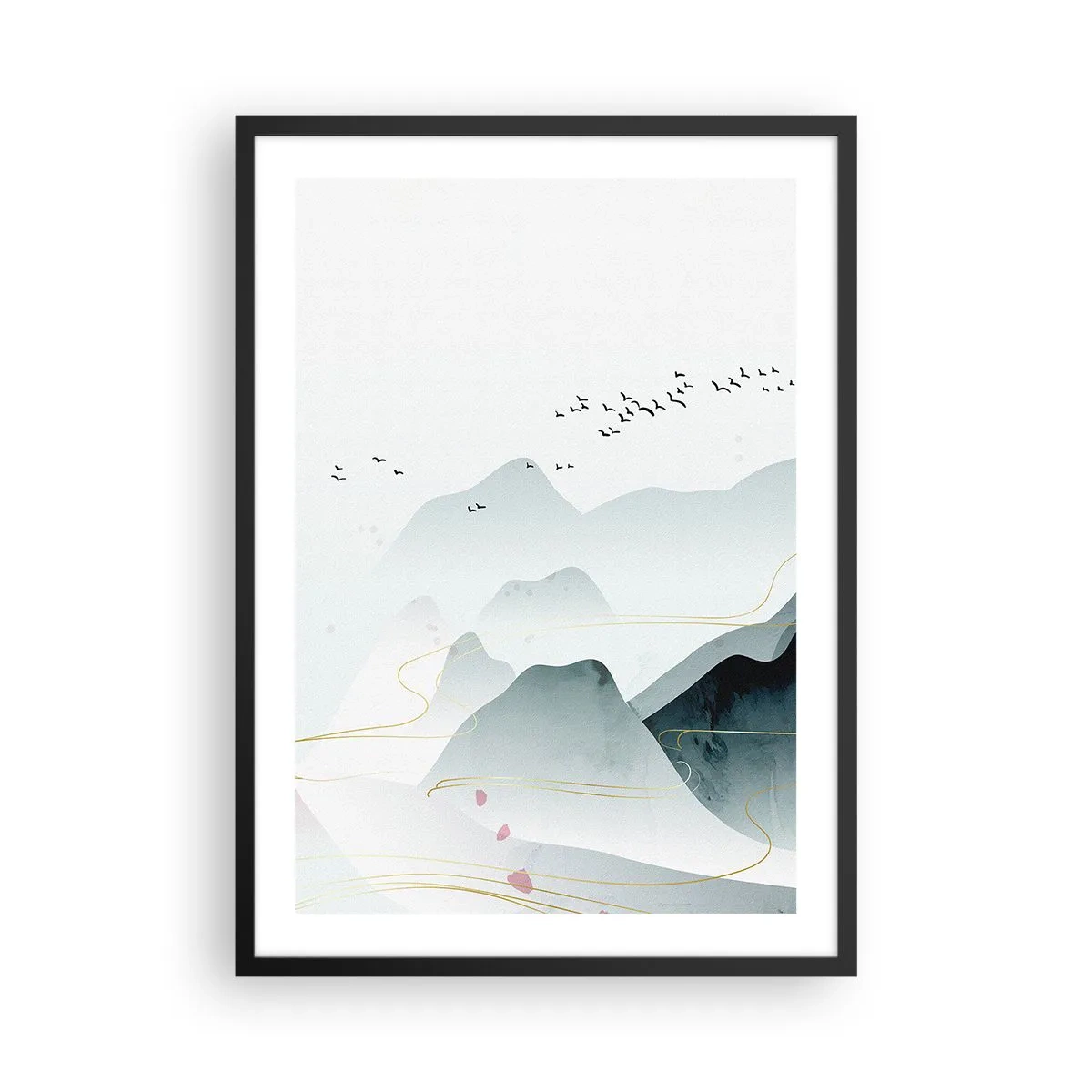 Plagát v čiernom ráme - Jemné hory a vtáky v minimalistickej kompozícii - 50x70cm - Cez vrcholy - Moderná nástenná dekorácia do obývacej izby a spálne ARTTOR