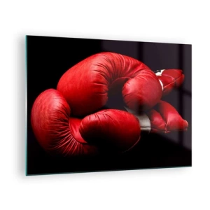 Obraz na skle - Červené boxerské rukavice na čiernom pozadí - 70x50cm - Emócie boja za nami - Moderná nástenná dekorácia do obývacej izby a spálne ARTTOR