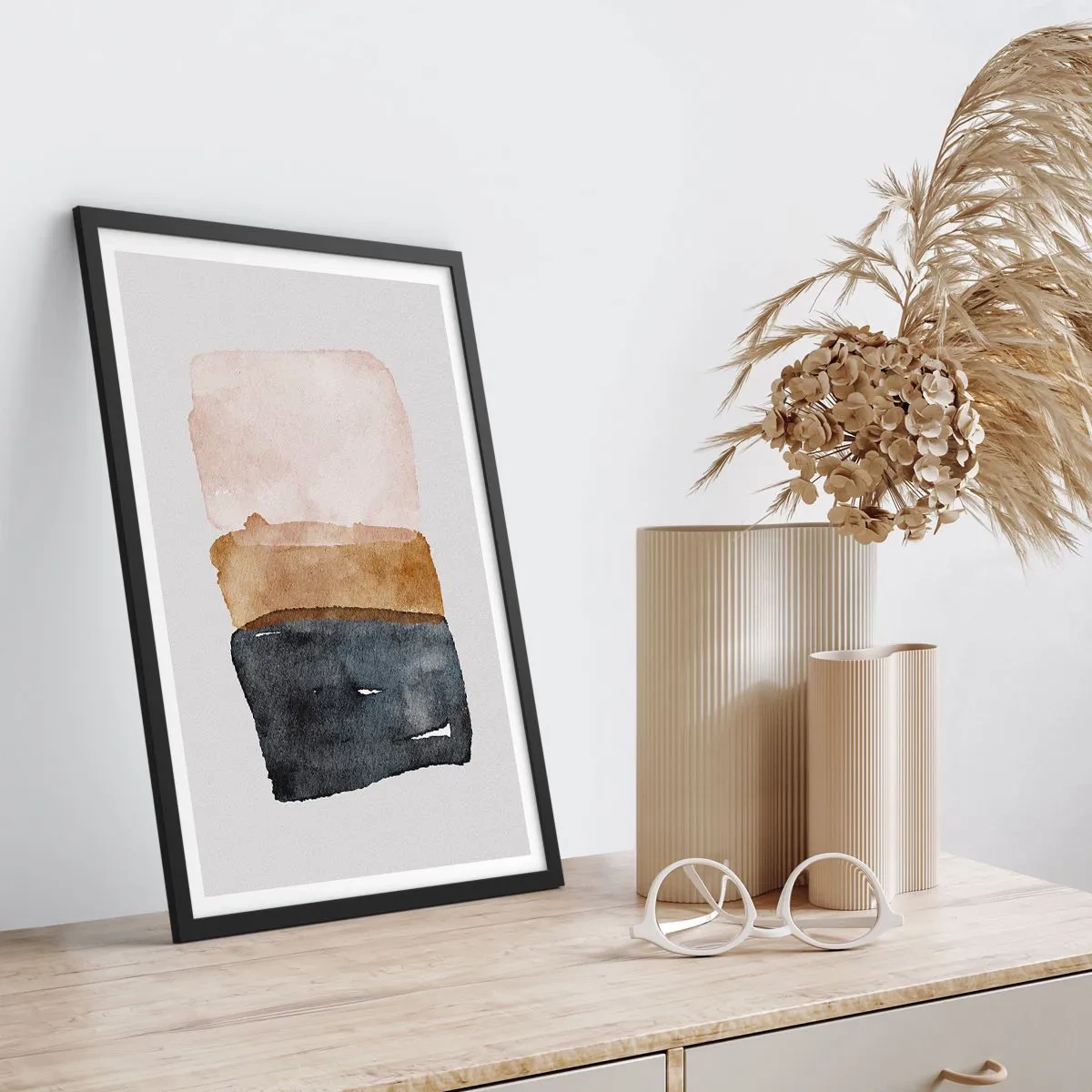 Plagát v čiernom ráme - Abstraktný akvarel v zemitých tónoch - 50x70cm - Kompozícia zemitých farieb - Moderná nástenná dekorácia do obývacej izby a spálne ARTTOR