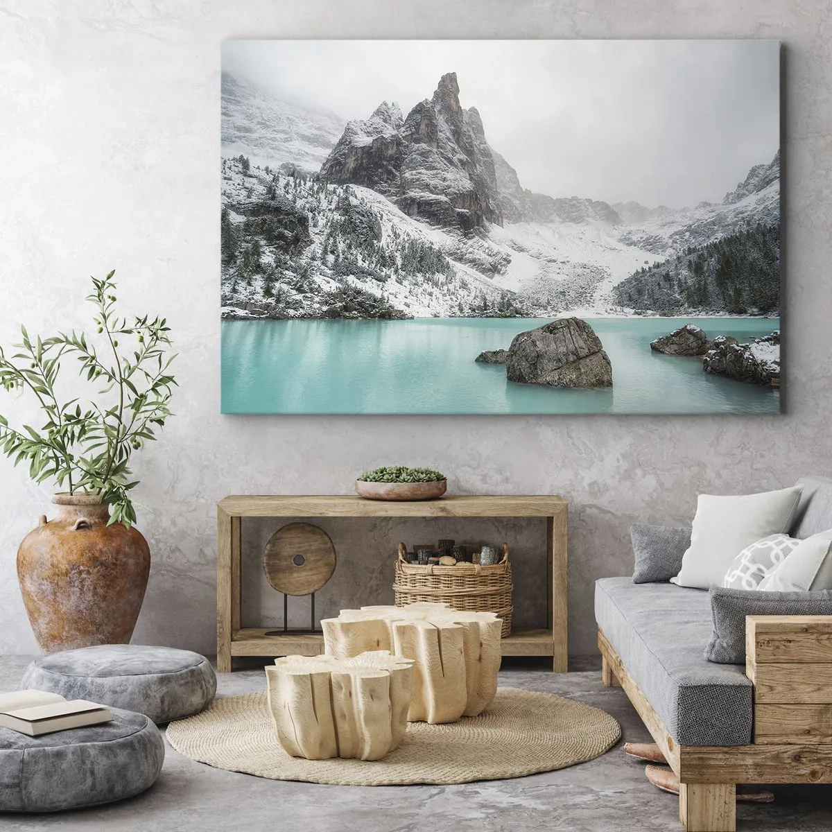 Obraz na plátne - Horská krajina s jazerom obklopeným zasneženými vrcholmi - 70x50cm - Na stráži - Moderná nástenná dekorácia do obývacej izby a spálne ARTTOR