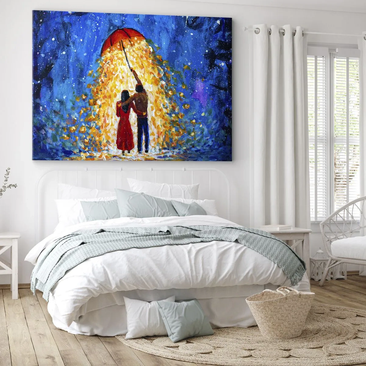 Obraz na plátne - Pár pod červeným dáždnikom v svietiacom daždi - 70x50cm - Mágia daždivého večera? - Moderná nástenná dekorácia do obývacej izby a spálne ARTTOR