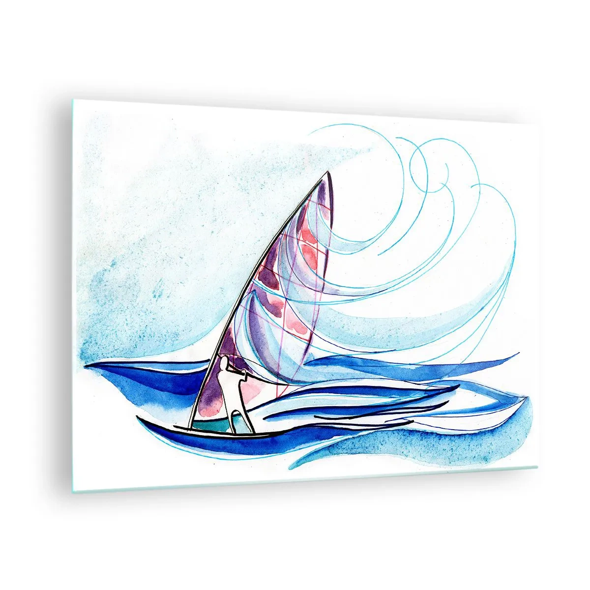 Obraz na skle - Plachetnica na vlnách v akvarelovom štýle - 70x50cm - S vetrom v rytme vĺn - Moderná nástenná dekorácia do obývacej izby a spálne ARTTOR