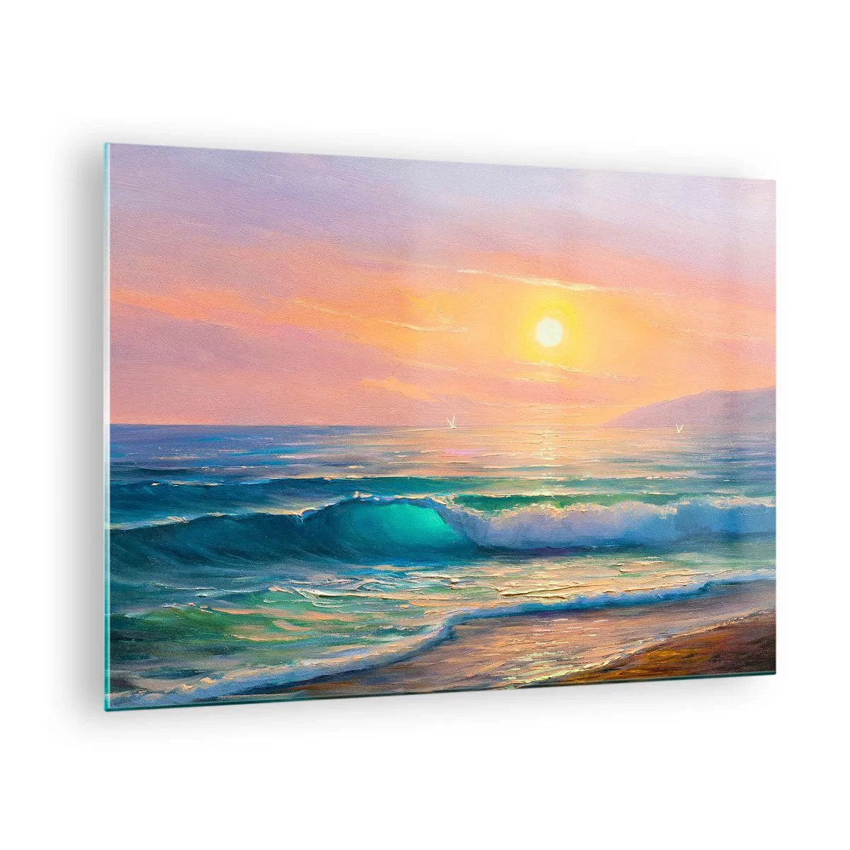 Obraz na skle - Prímorská krajina s vlnami a západom slnka v tyrkysových odtieňoch - 70x50cm - Tyrkysová pieseň vĺn - Moderná nástenná dekorácia do obývacej izby a spálne ARTTOR