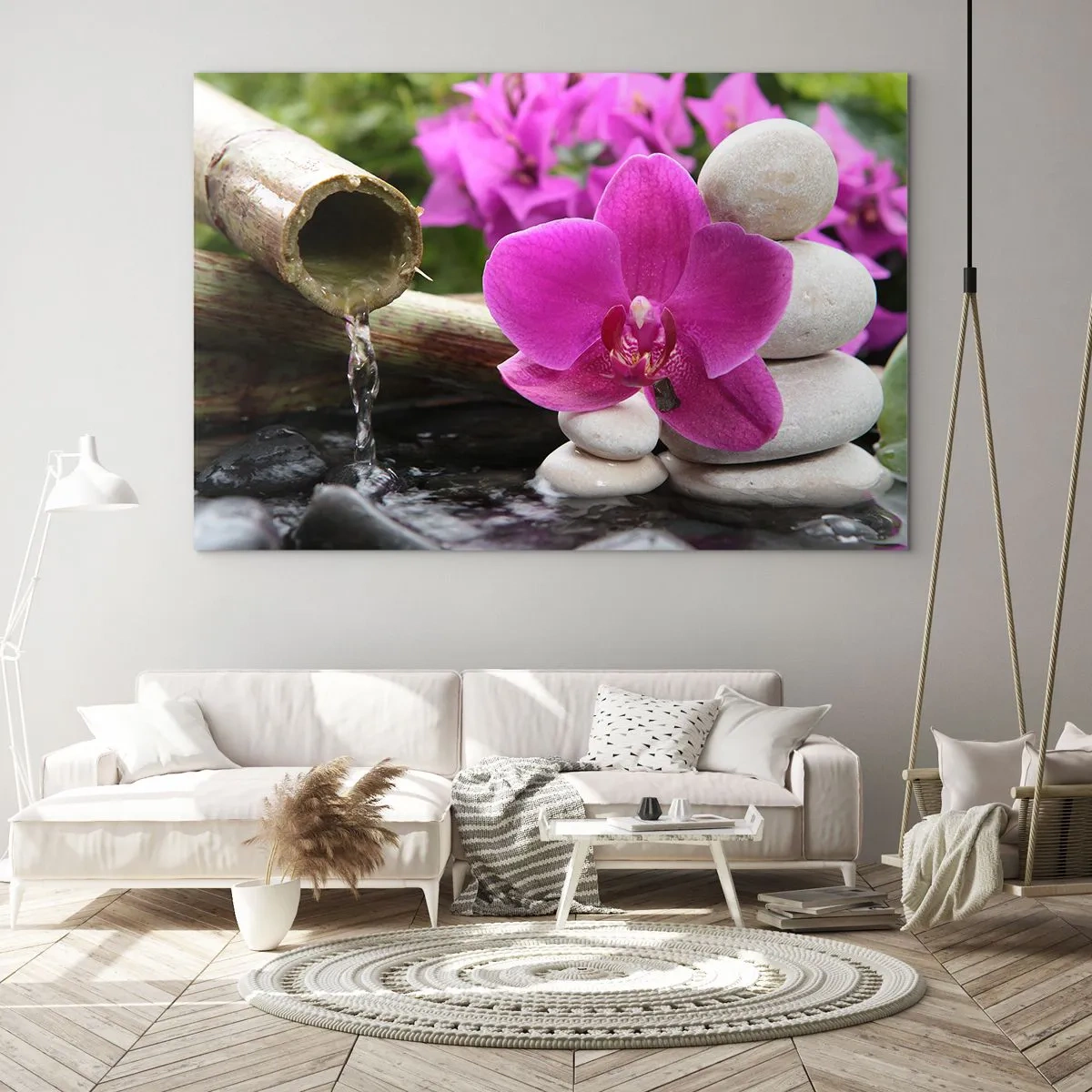 Obraz na skle - Fialová orchidea, kamene a bambusový vodopád - 70x50cm - Už odpočívaš - Moderná nástenná dekorácia do obývacej izby a spálne ARTTOR