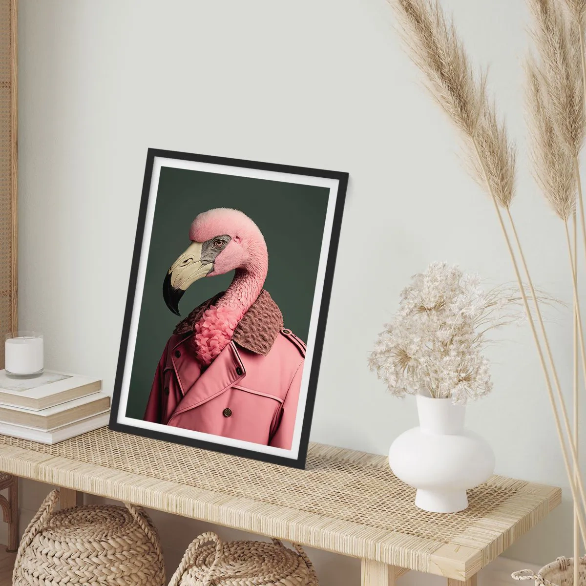 Plagát v čiernom ráme - Štýlový plameniak v elegantnom kabáte - 50x70cm - Skutočný elegán - Moderná nástenná dekorácia do obývacej izby a spálne ARTTOR