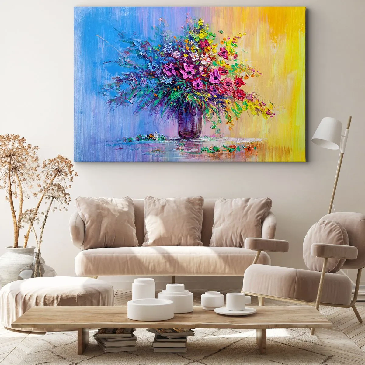 Obraz na plátne - Farebná kytica kvetov vo váze na gradientnom pozadí - 70x50cm - Dar letnej lúky - Moderná nástenná dekorácia do obývacej izby a spálne ARTTOR