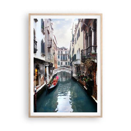 Plagát v ráme zo svetlého duba - Benátska krajina s gondolou a mostíkom - 70x100 cm