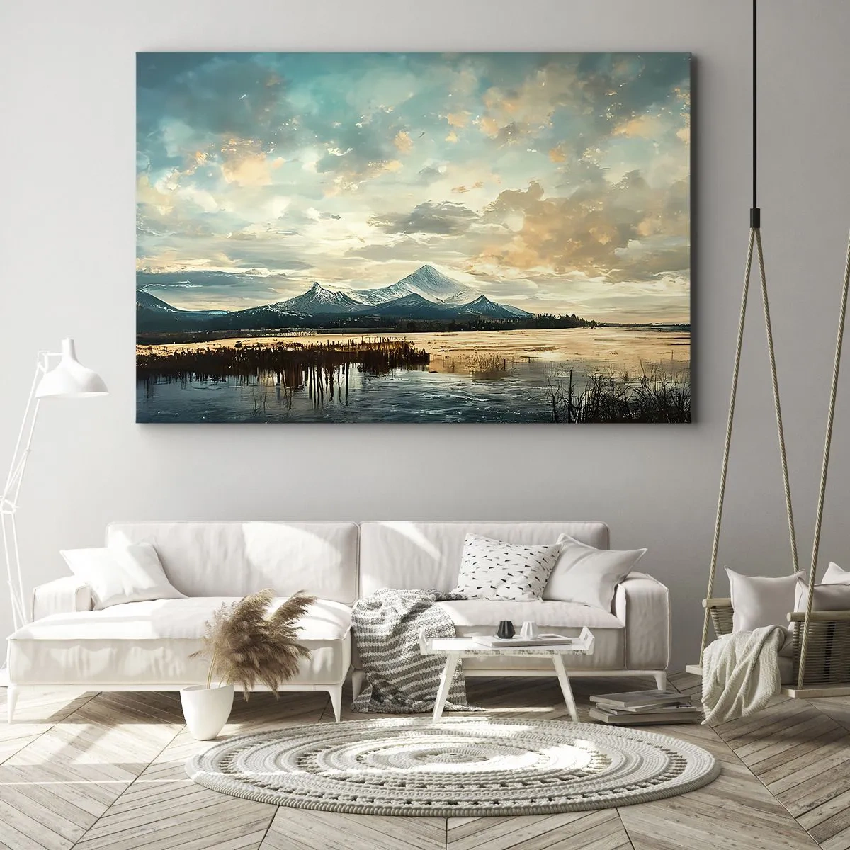 Obraz na plátne - Malebná krajina s horou a pokojným jazerom - 70x50cm - Pod ochranou neba - Moderná nástenná dekorácia do obývacej izby a spálne ARTTOR