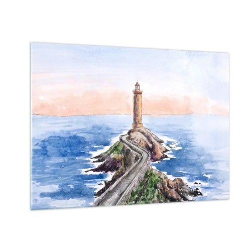 Obraz na skle - Maják na skalnatom výbežku obklopený pokojným morom - 70x50cm - Tvárou v tvár moru - Moderná nástenná dekorácia do obývacej izby a spálne ARTTOR