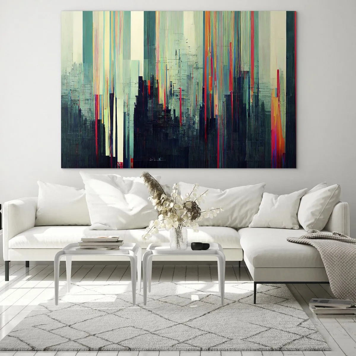 Obraz na skle - Zvislé farebné čiary tvoria obrys futuristickej metropoly. - 70x50cm - Futuristické mesto - Moderná nástenná dekorácia do obývacej izby a spálne ARTTOR