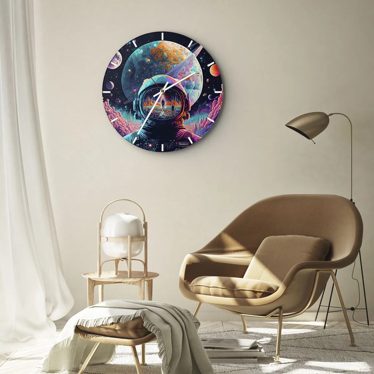 Nástenné hodiny - Astronaut v farebnom vesmíre s odrazom planéty - 30x30cm - Filozofom sa to ani nesnívalo - Moderná nástenná dekorácia do obývacej izby, kuchyne a spálne ARTTOR
