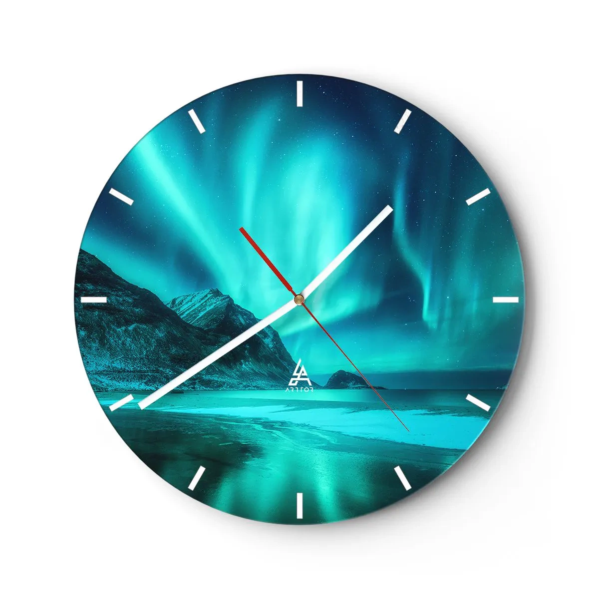 Nástenné hodiny - Aurora Borealis nad hornatým pobrežím v noci - 30x30cm - Divy severu - Moderná nástenná dekorácia do obývacej izby, kuchyne a spálne ARTTOR
