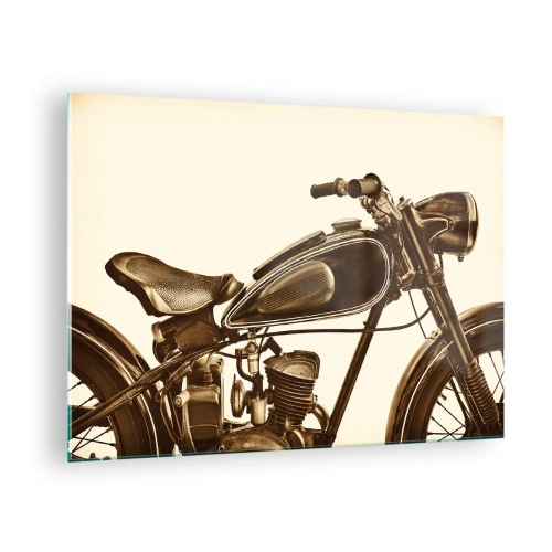 Obraz na skle - Štýlový retro motocykel v sépiových tónoch na svetlom pozadí - 70x50cm - Túžba po klasike - Moderná nástenná dekorácia do obývacej izby a spálne ARTTOR