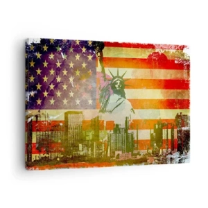 Obraz na plátne - Socha slobody na pozadí americkej vlajky a panorámy mesta - 70x50cm - Viva America! - Moderná nástenná dekorácia do obývacej izby a spálne ARTTOR