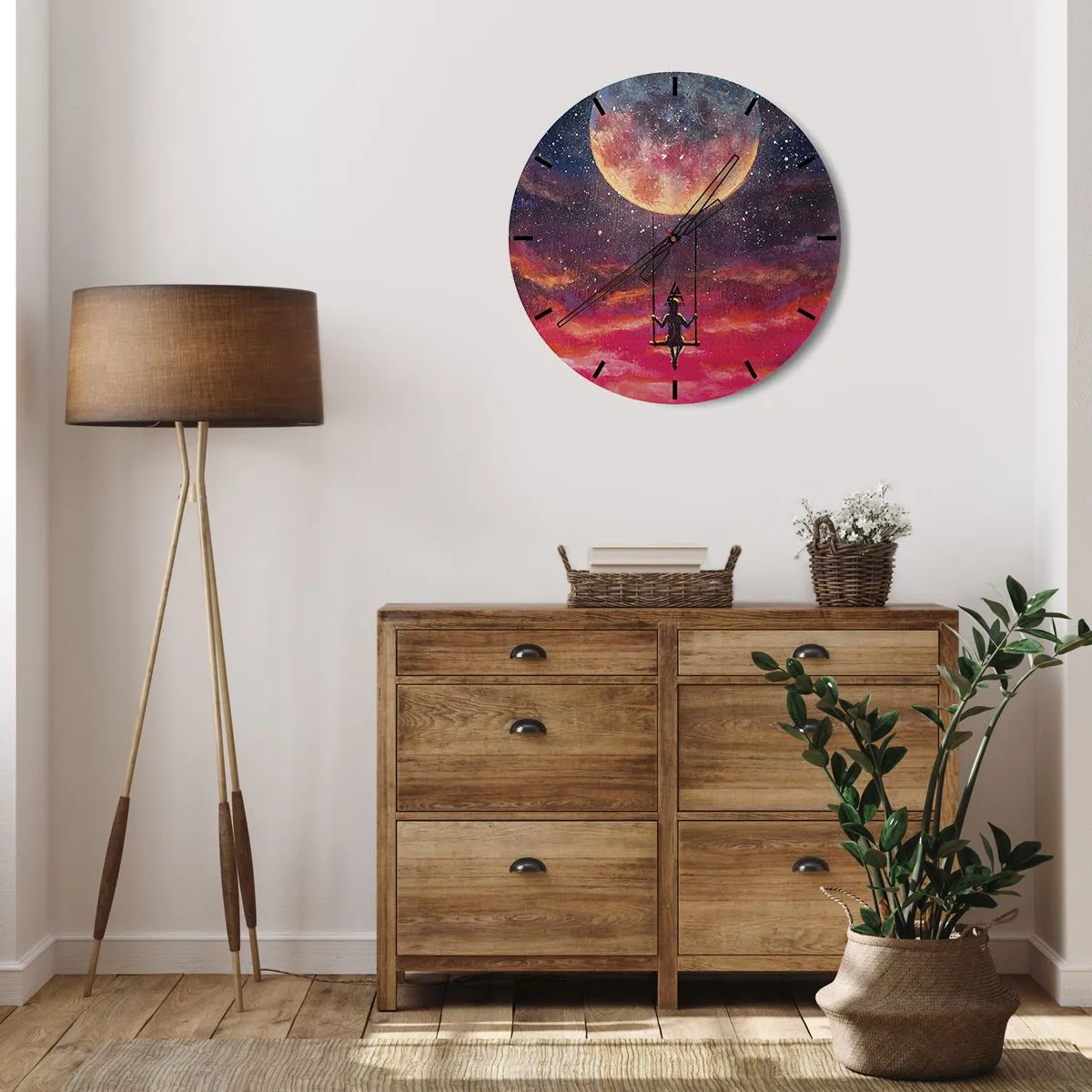 Nástenné hodiny - Dievča na hojdačke zavesené pod mesiacom - 30x30cm - Stavať si vzdušné zámky - Moderná nástenná dekorácia do obývacej izby, kuchyne a spálne ARTTOR