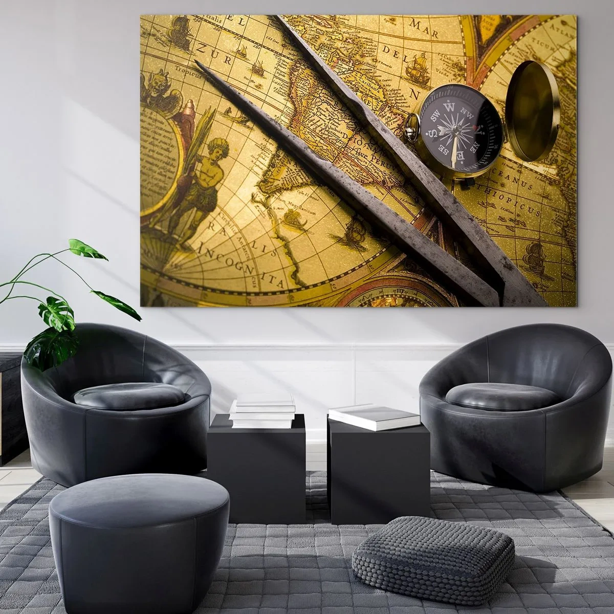 Obraz na skle - Stará mapa s kompasom a kružidlom - 70x50cm - Kde sú tie poklady? - Moderná nástenná dekorácia do obývacej izby a spálne ARTTOR