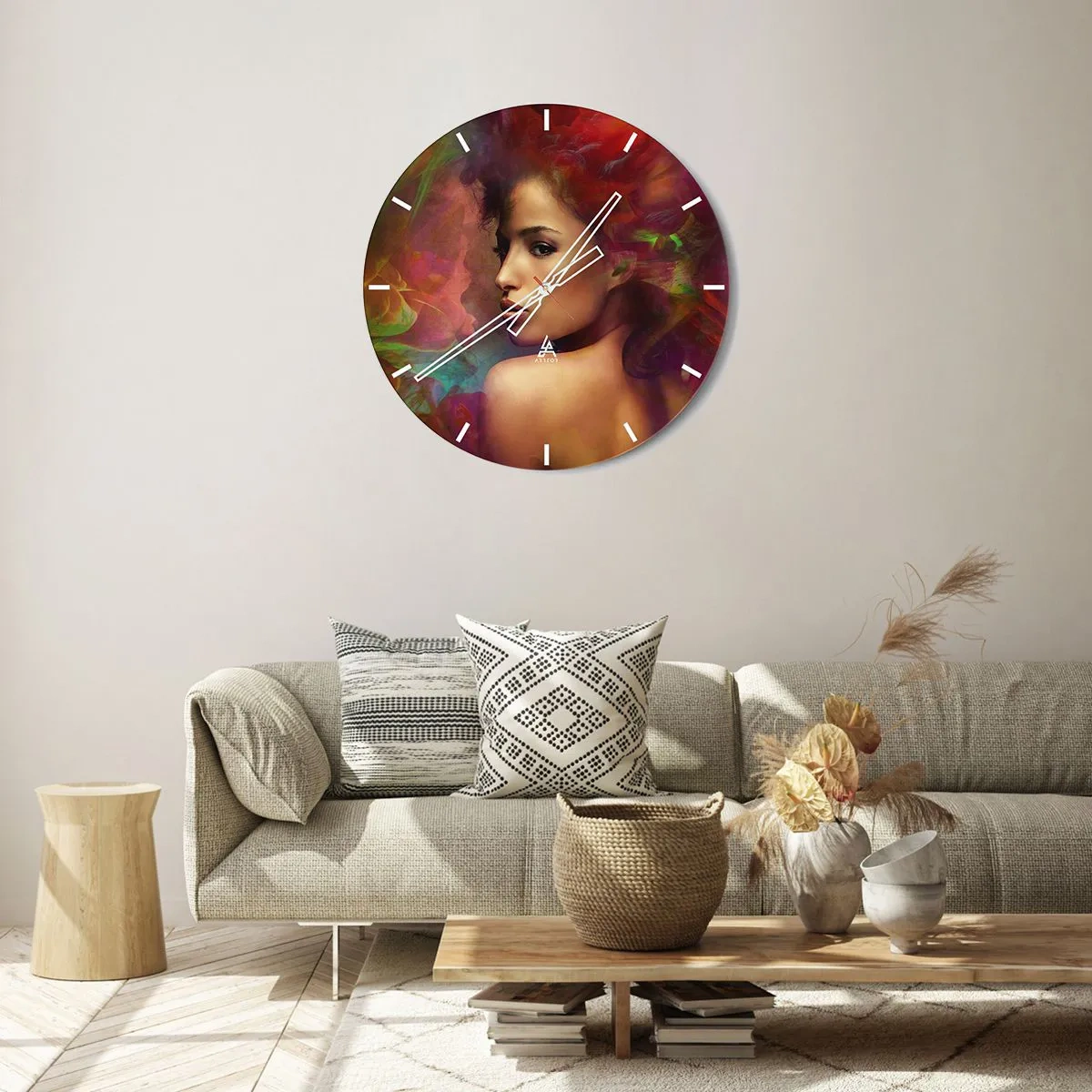 Nástenné hodiny - Portrét ženy s farebnými hmlistými efektmi v pozadí - 30x30cm - Krajšia ako dúha, jemnejšia ako hmla - Moderná nástenná dekorácia do obývacej izby, kuchyne a spálne ARTTOR