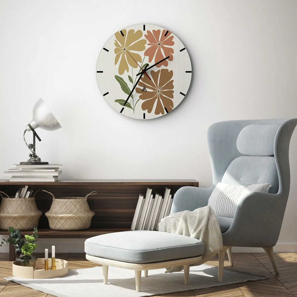 Nástenné hodiny - Kvetinová kompozícia v teplých odtieňoch na svetlom pozadí - 30x30cm - Príroda a geometria - Moderná nástenná dekorácia do obývacej izby, kuchyne a spálne ARTTOR