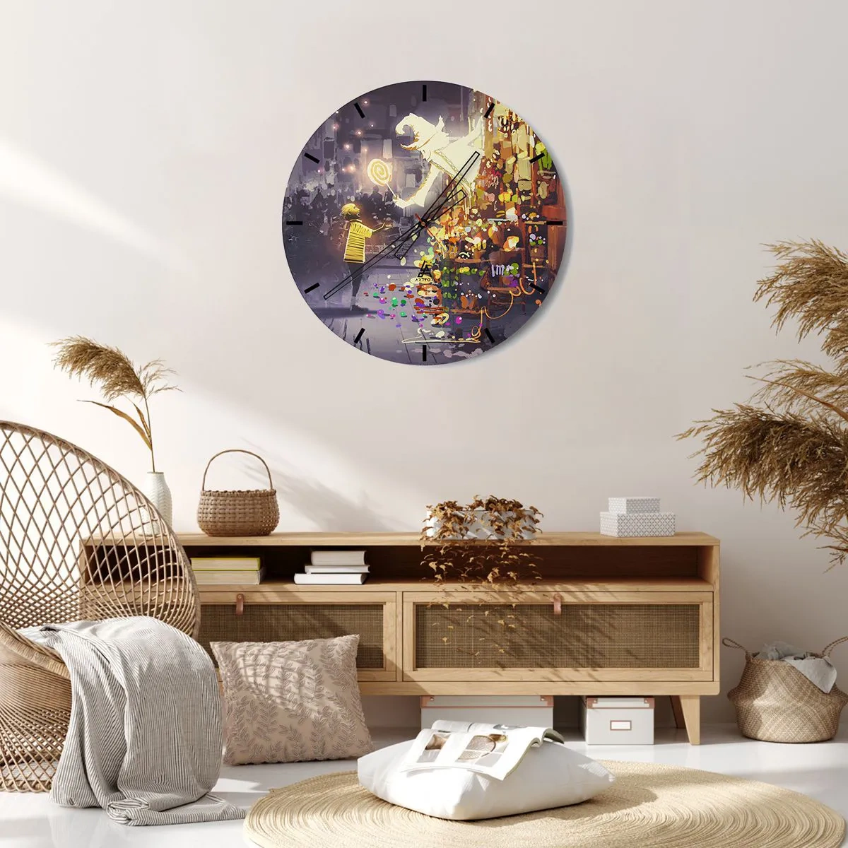 Nástenné hodiny - Fantastický obraz s kúzelníkom a dieťaťom obklopeným farebnými svetlami. - 30x30cm - Kúzla existujú - Moderná nástenná dekorácia do obývacej izby, kuchyne a spálne ARTTOR