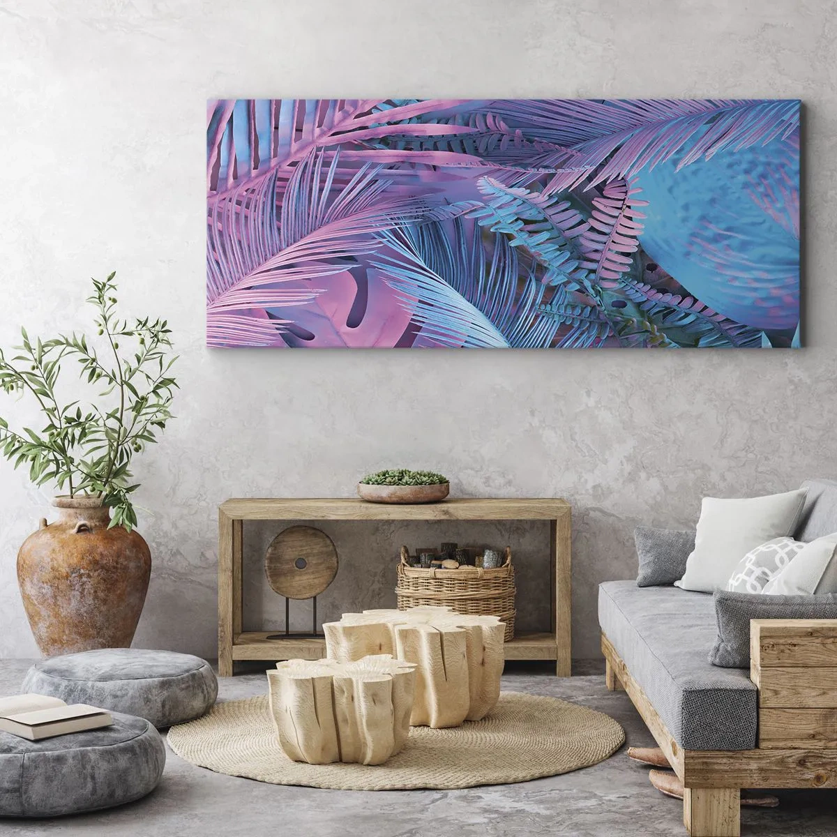 Obraz na plátne - Tropy v ružovej a modrej - 100x40 cm