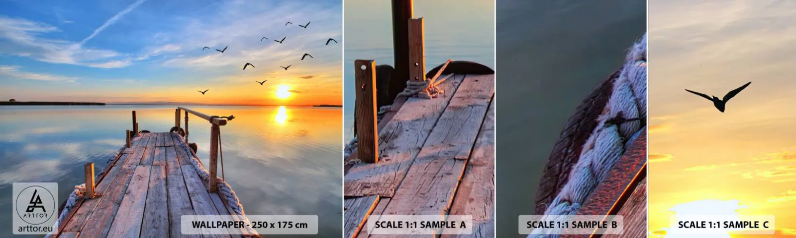 Vzorka Fototapeta Standard Eco - Ísť pred seba smerom k slnku - Krajina, Jazero, Drevený most - 100x30 cm