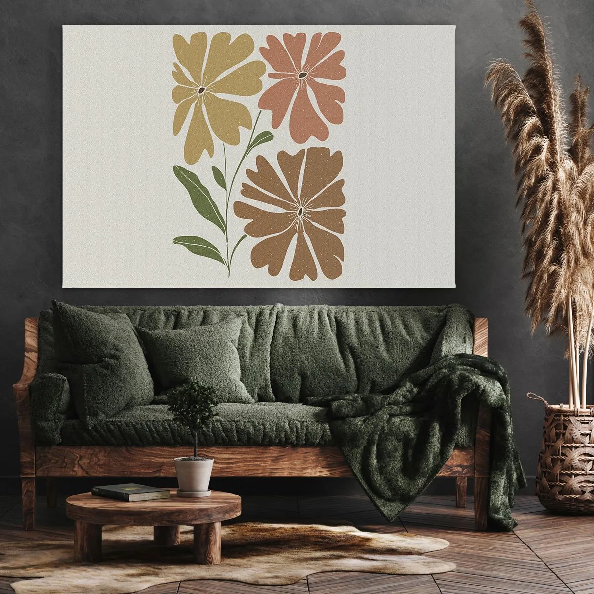 Obraz na plátne - Tri kvety v teplých farbách na svetlom pozadí - 70x50cm - Príroda a geometria - Moderná nástenná dekorácia do obývacej izby a spálne ARTTOR