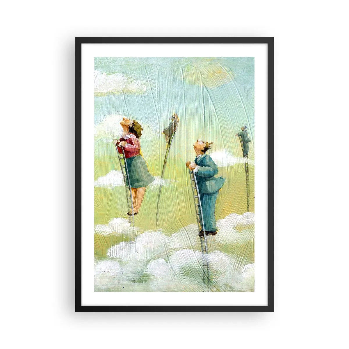 Plagát v čiernom ráme - Postavy lezúce po rebríkoch v oblakoch - 50x70cm - Za svojim snom - Moderná nástenná dekorácia do obývacej izby a spálne ARTTOR