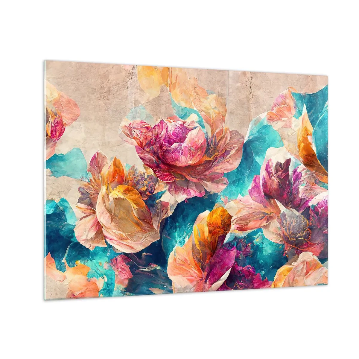 Obraz na skle - Farebné kvety na akvarelovom pozadí - 70x50cm - Farebné bohatstvo kytice - Moderná nástenná dekorácia do obývacej izby a spálne ARTTOR