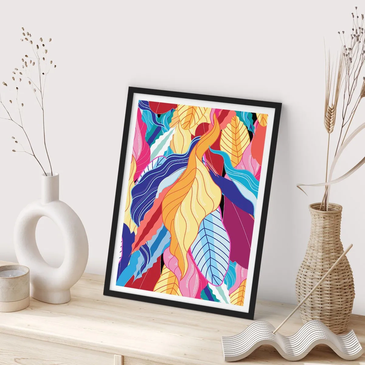Plagát v čiernom ráme - Farebné listy v abstraktnom štýle - 50x70cm - Farebný neporiadok - Moderná nástenná dekorácia do obývacej izby a spálne ARTTOR