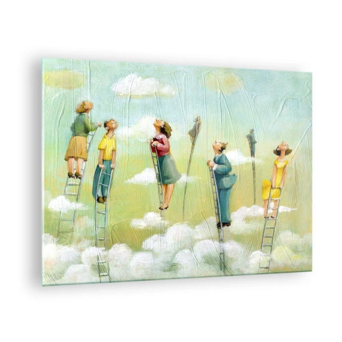 Obraz na skle - Postavy lezúce po rebríkoch medzi oblakmi - 70x50cm - Za svojim snom - Moderná nástenná dekorácia do obývacej izby a spálne ARTTOR