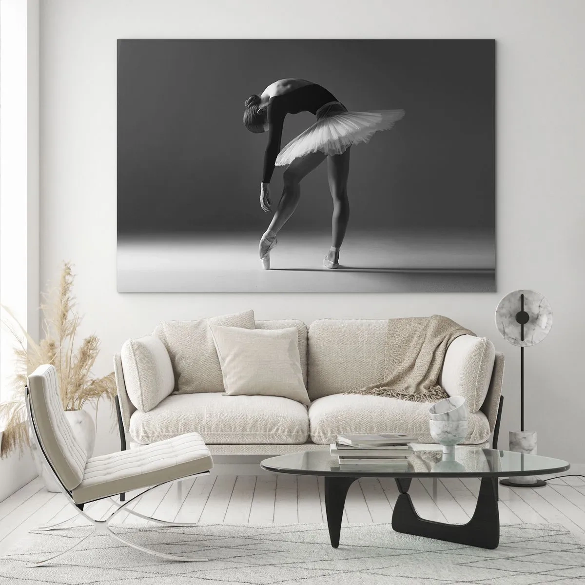 Obraz na skle - Čierna a biela silueta baleríny v pôvabnej póze - 70x50cm - Bella ballerina - Moderná nástenná dekorácia do obývacej izby a spálne ARTTOR
