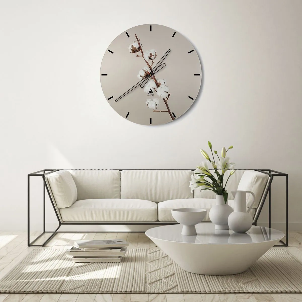 Nástenné hodiny - Vetvička bavlny na béžovom pozadí v minimalistickom štýle - 30x30cm - Pri zdroji mäkkosti - Moderná nástenná dekorácia do obývacej izby, kuchyne a spálne ARTTOR