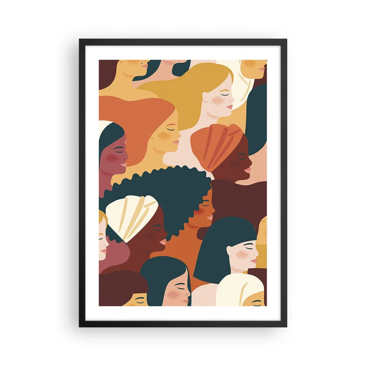 Plagát v čiernom ráme - Farebná grafika zobrazujúca ženské profily - 50x70cm - Iba ženskosť - Moderná nástenná dekorácia do obývacej izby a spálne ARTTOR
