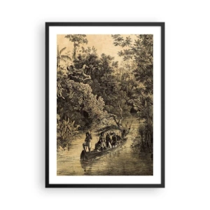 Plagát v čiernom ráme - Rytina tropického lesa a loďky na rieke - 50x70cm - Výlet k zdroju - Moderná nástenná dekorácia do obývacej izby a spálne ARTTOR