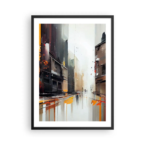 Plagát v čiernom ráme - Abstraktná panoráma mesta v odtieňoch sivej a oranžovej - 50x70cm - Daždivý deň - Moderná nástenná dekorácia do obývacej izby a spálne ARTTOR