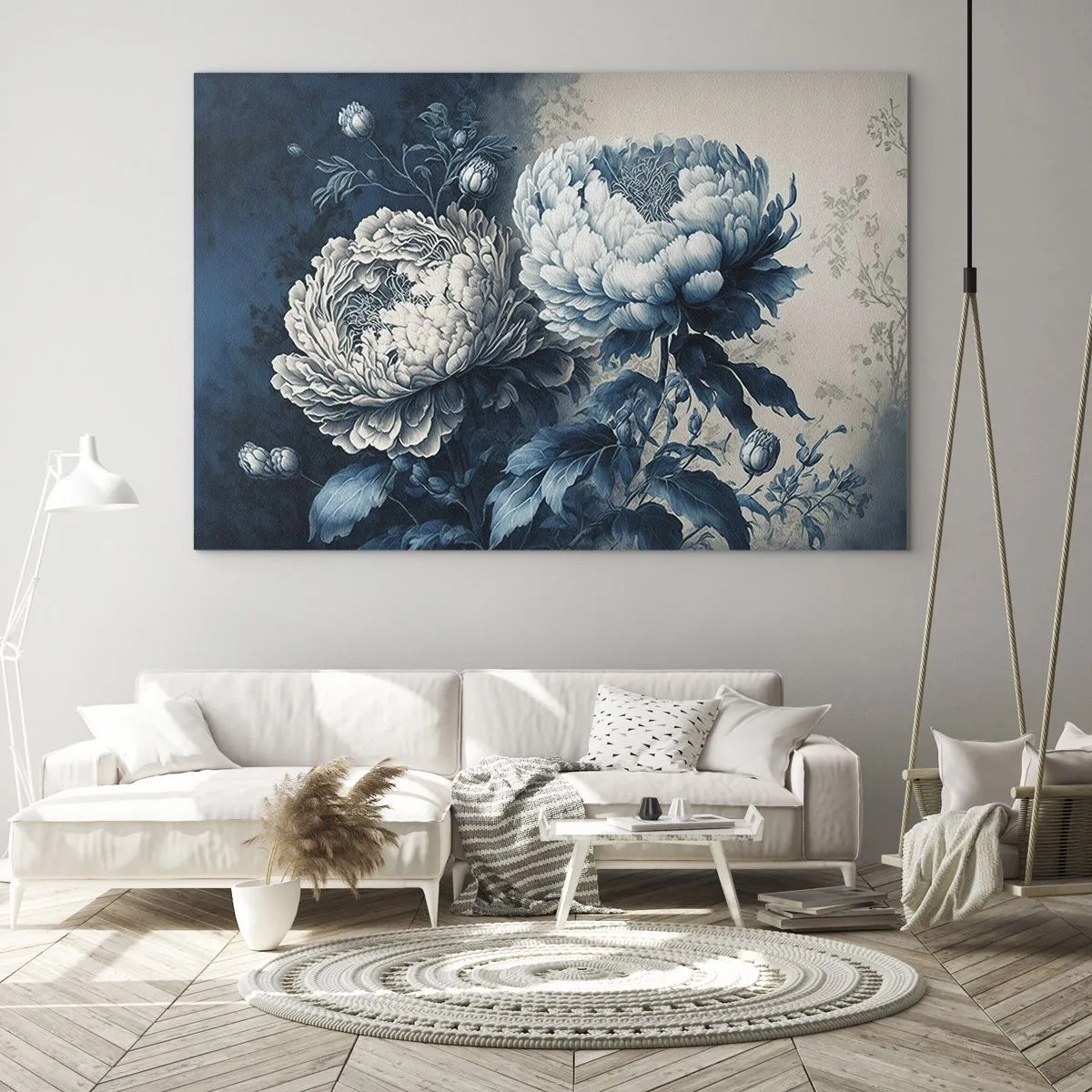 Obraz na skle - Dvojfarebné pivonky v odtieňoch modrej a béžovej na vintage pozadí - 70x50cm - Zhodný pár - Moderná nástenná dekorácia do obývacej izby a spálne ARTTOR