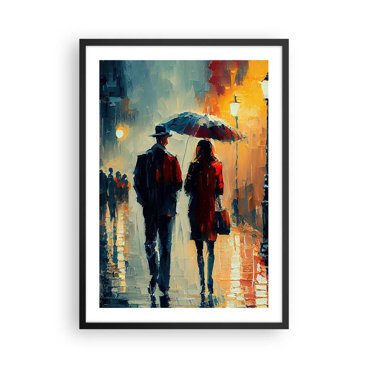 Plagát v čiernom ráme - Romantický pár pod slnečníkom v daždi - 50x70cm - Mestská love story - Moderná nástenná dekorácia do obývacej izby a spálne ARTTOR